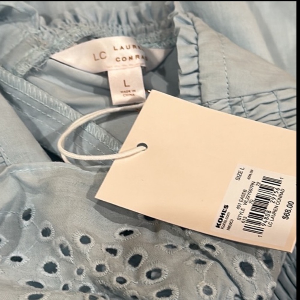 NWT Lauren Conrad dress blue tiered ruffle sleeve eyelet trim smocked dress Sz L - Picture 10 of 12